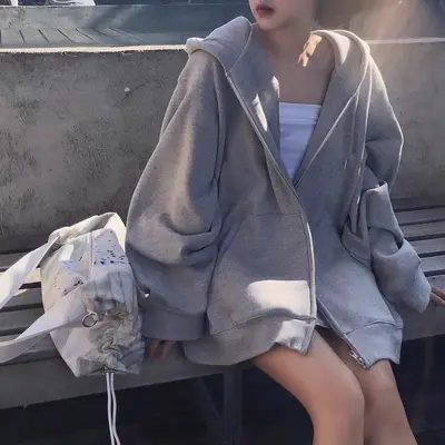 Graues Kapuzen-Sweatshirt Damen neu locker Samt Freizeit Sportjacke Frühling und Herbst Langarm Reißverschluss Cardigan Oberteil - 8