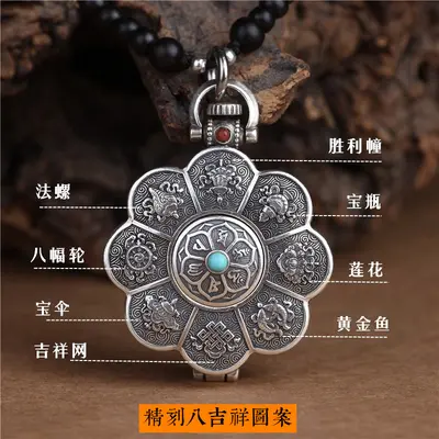 Gümüş lotus kolyesi, açılabilir kutu, altı karakter mantra, erkek-kadın