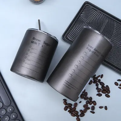Stainless steel frosted American coffee cup, latte vacuum car cup, double-wall tumbler with straw, office thermos cup - 13