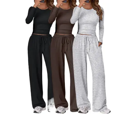 Women's Sports Yoga Set, Autumn Winter Solid Color Long Sleeve Round Neck