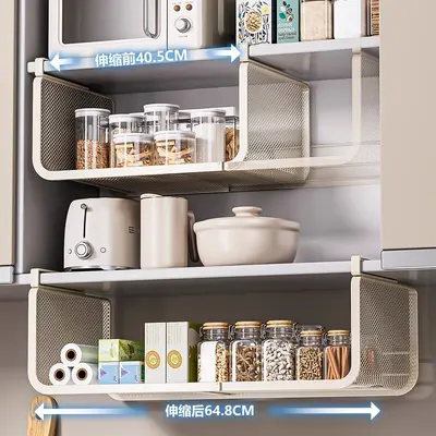 Expandable kitchen storage shelf with hanging basket - 2