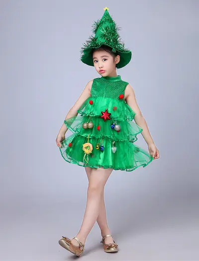 Mädchen-Weihnachtsbaum-Auftrittskostüm, grünes Hanfu - 7