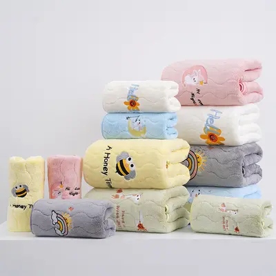 Embroidered Coral Velvet Bath Towel Set, Thick and Absorbent