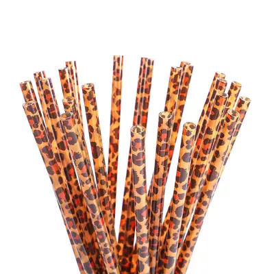 Leopar Desenli Renkli Baskılı Plastik Pipet Seti, PP Sert Boru - 7