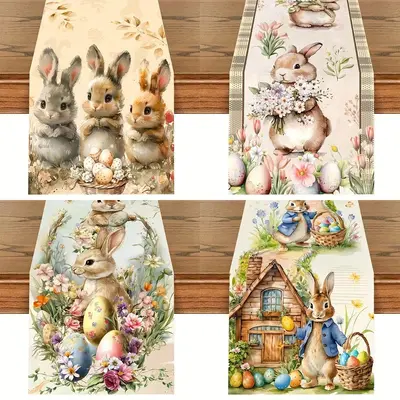 Easter Linen Table Runner with Rabbit Print