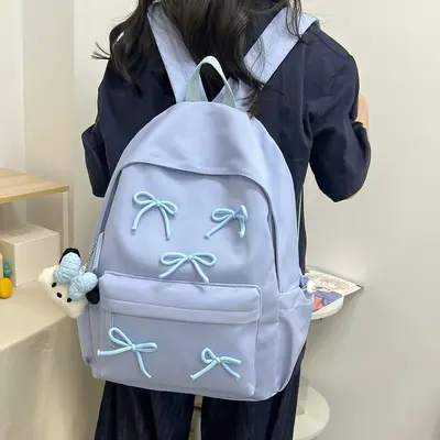 Korean Style Simple Girls' Bow School Backpack, Large Capacity with Laptop Compartment - 3