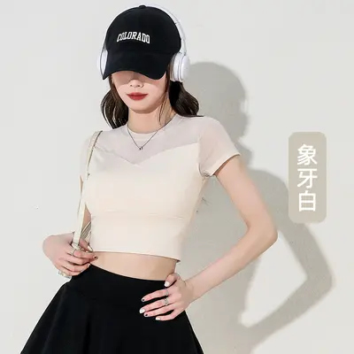 Women's Mesh Pilates Training Short Sleeve Fitted Sports Top, Summer - 7