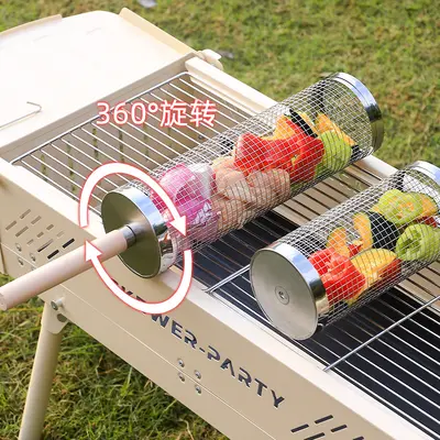 Tragbarer Grillkorb mit Holzgriff, rotierendes rundes Grillfass