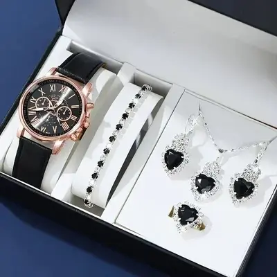 Lüks kadın kuvartz saat beş parçalı set, taşlı kolye ve küpe - 9