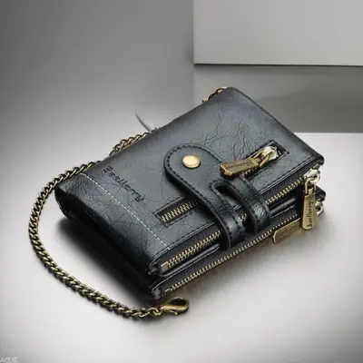 Men's Short Wallet, Double Zipper, PU Leather, Retro Small Wallet