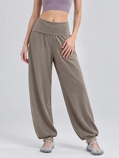 Damen-Yogahose mit Taillenknopf und weitem Bein, hohe Taille - 7