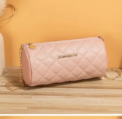Embroidered Diamond Check Chain Women's Crossbody Bag, Cylinder Shape, 2023 Summer - 9