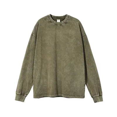 Langarm-T-Shirt aus reiner Baumwolle, gewaschen, Kordelzug, Oversize-Retro-Schnitt