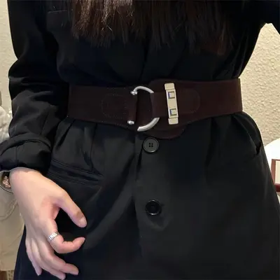 Damen-Veloursleder-Gürtel mit Silberschnalle, breit und elastisch
