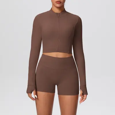 Solid Color Two-Piece Short Jacket Set, Tight-Fit Yoga and Running Wear - 3