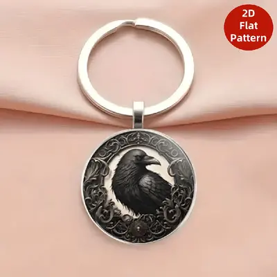 Gothic Dark Crow Pattern Alloy Round Keychain Pendant - 12