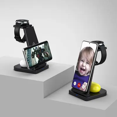 15W 3-in-1 kabelloses Schnellladegerät für Handy, Kopfhörer und Samsung Uhr, Schwarz