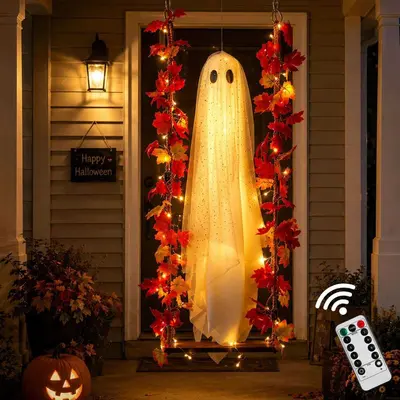 Outdoor Halloween Hanging Ghost Swing Decoration with String Lights - 9