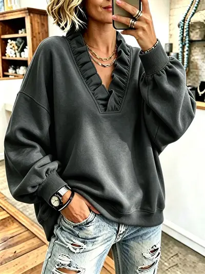 Kadın fırfırlı V yaka uzun kollu sweatshirt, sonbahar ve kış, bol kesim - 12
