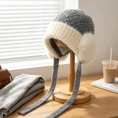 Thick Plush Knit Beanie for Women, Windproof with Ear Protection - 7