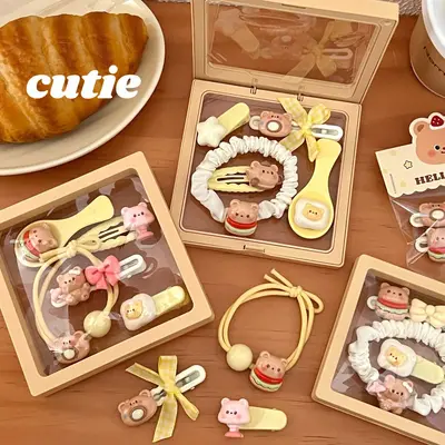 New Cute Bear Series Hair Accessories Combination for Girls, Sweet Broken Hair Claw Clip, High Elastic Hair Rope and Wholesale Hair Tie