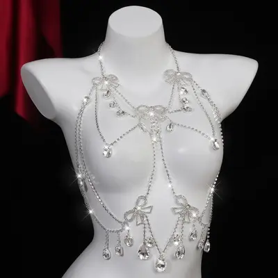 Multi-Layer Bow Full Rhinestone Bikini Chest Chain, Body Chain