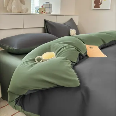 Manufacturer wholesale solid color washed cotton four-piece set plain brushed bedding set ins style sheet duvet cover three-piece set 3 - 12