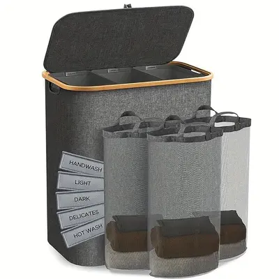 Foldable Oxford Fabric Laundry Basket with Bamboo Frame and Lid - 13