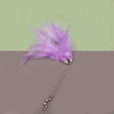 Feather Wire Cat Teaser Wand with Fur Ball and Bell, Long Pole - 12