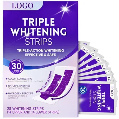 Purple-toned teeth whitening strips with triple whitening formula