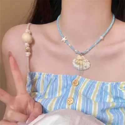 Pearl and shell bead necklace, beach vacation style - 10
