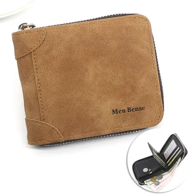 Men's Short Zip Bi-Fold Wallet, Retro Matte PU, Coin Pocket - 7