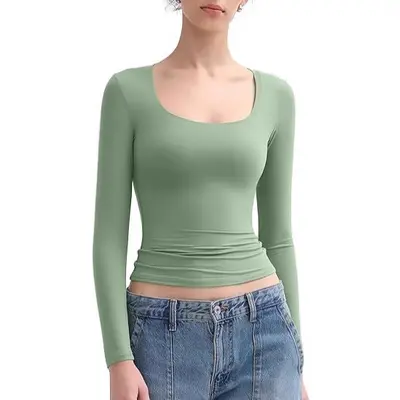 Women's Long Sleeve Crop Top, Solid Color, U-Neck Slim Fit Y2K T-Shirt