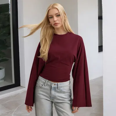 Women's Solid Color Round Neck Long Sleeve Top, Wide Sleeve, Waist-Cinching - 11