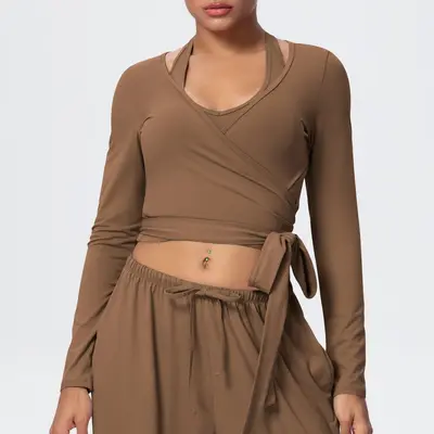 Women's Long Sleeve V-Neck Cross-Strap Quick-Dry Running Yoga Wear - 10