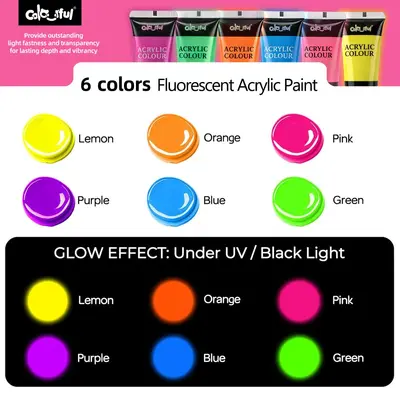 6-Color 22ML Fluorescent Acrylic Paint Set, Bright, for DIY Wall Painting