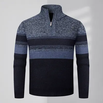 Herren-Strickpullover mit Stehkragen, Halbreißverschluss und Fleece-Futter