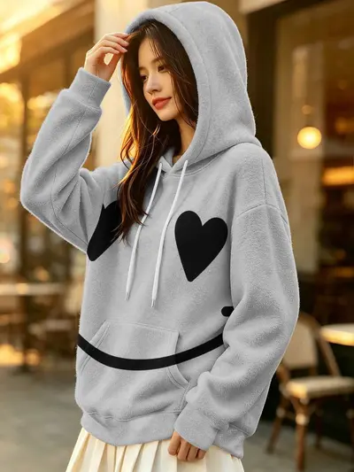 Women's Hooded Sweatshirt, Zebra Print, Heart Pattern, Velvet Fabric - 9