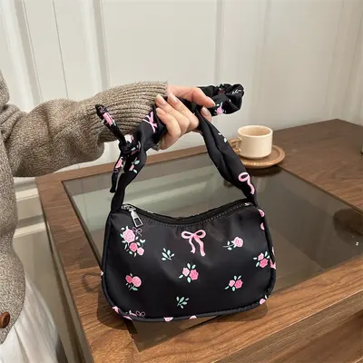 Pleated Bow Print Women's Shoulder Bag, Korean Style Underarm Bag - 2