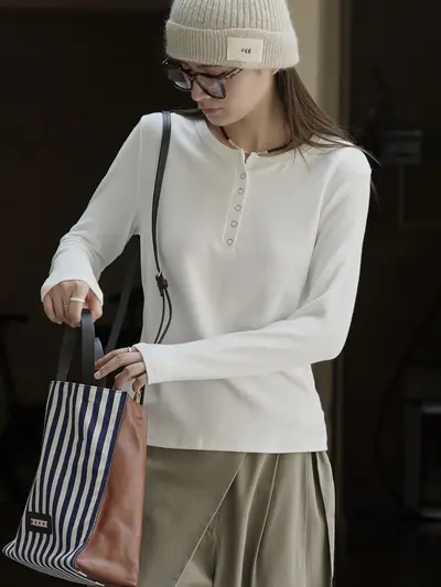Damen Slim-Fit T-Shirt mit Rundhals und halbem Reißverschluss, Herbst-Oberteil