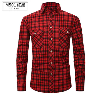 Slim fit kareli flanel erkek gömlek, uzun kollu, çift cepli, fırçalanmış kumaş - 7