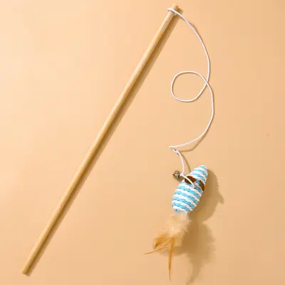 Burlap Mouse Wooden Stick Cat Teaser Wand, Interactive Handheld Cat Toy - 12