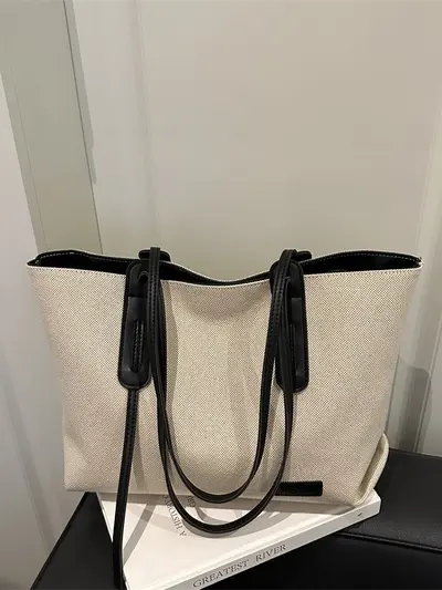 Damen-Canvas-Tote-Bag mit Lederbesatz, großes Fassungsvermögen