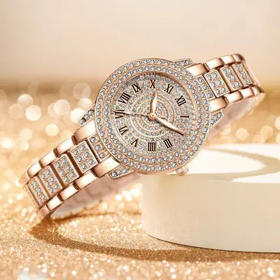 Women's diamond-studded quartz watch with Roman numerals and bracelet design