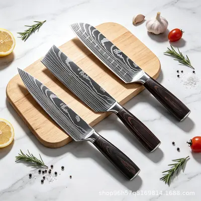 Şam deseni bıçak seti, renkli ahşap sap, şef, santoku