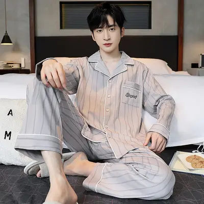 Men's Pajama Set, 100% Cotton Long Sleeve, Spring Autumn - 11