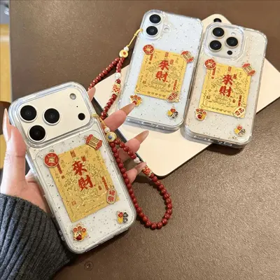 适用苹果18promax手机壳iphone17滴胶金箔来财招财16pro新款X创意