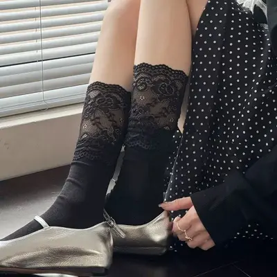 Women's Lace Over-the-Knee Socks with Vertical Pattern, JK Style - 12