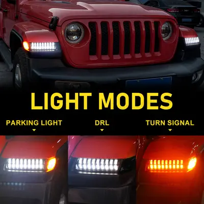 Fits Wrangler JL 18-25 models, wheel arch turn signal lights, daytime running lights, sequential light effects, Gladiator vehicle light modification.
