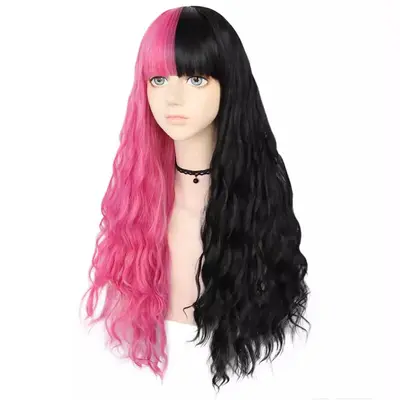 Cosplay-Anime-Perücke, Schwarz-Pink zweifarbig, langes lockiges Haar